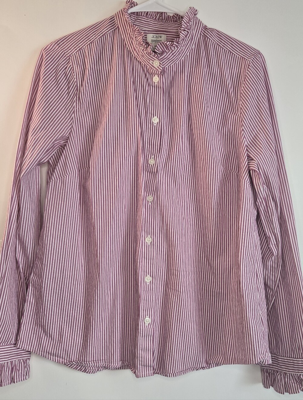 J. Crew Women's Ruffle Neck Candy Striped Long Sleeve Button Down Blouse L